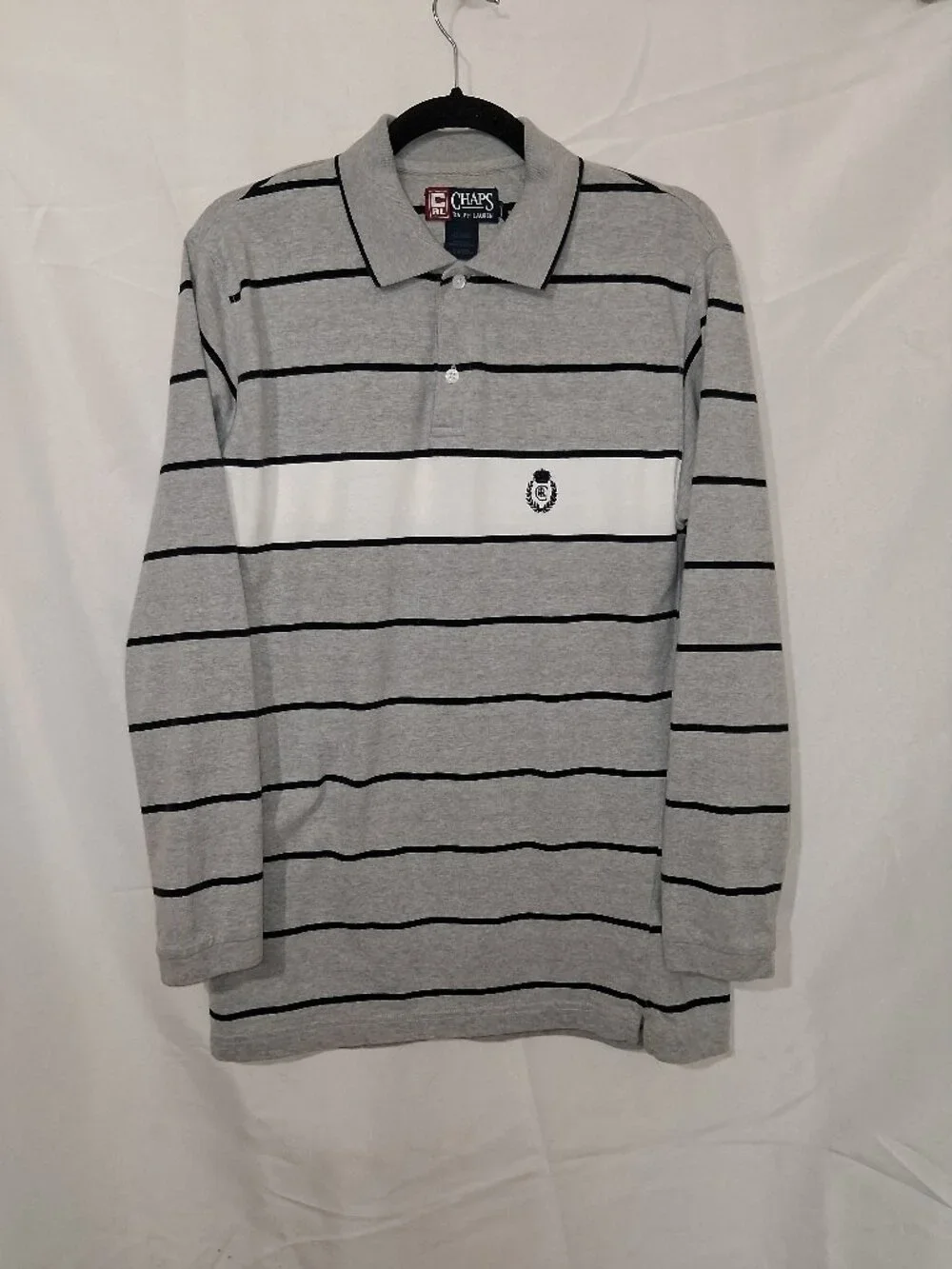 Vintage 90s Y2K Chaps Ralph Lauren Polo Shirt Mens Small Gray Striped Crest